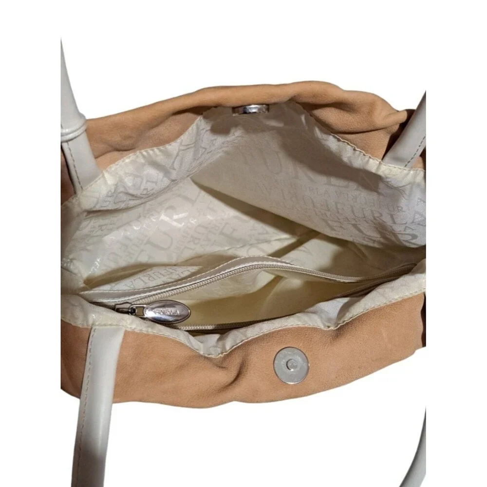 Furla Women's Tan Suede White Leather Trim Drawstring Shoulder Purse Bag